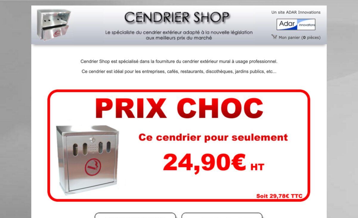 Page d’accueil de Cendrier Shop